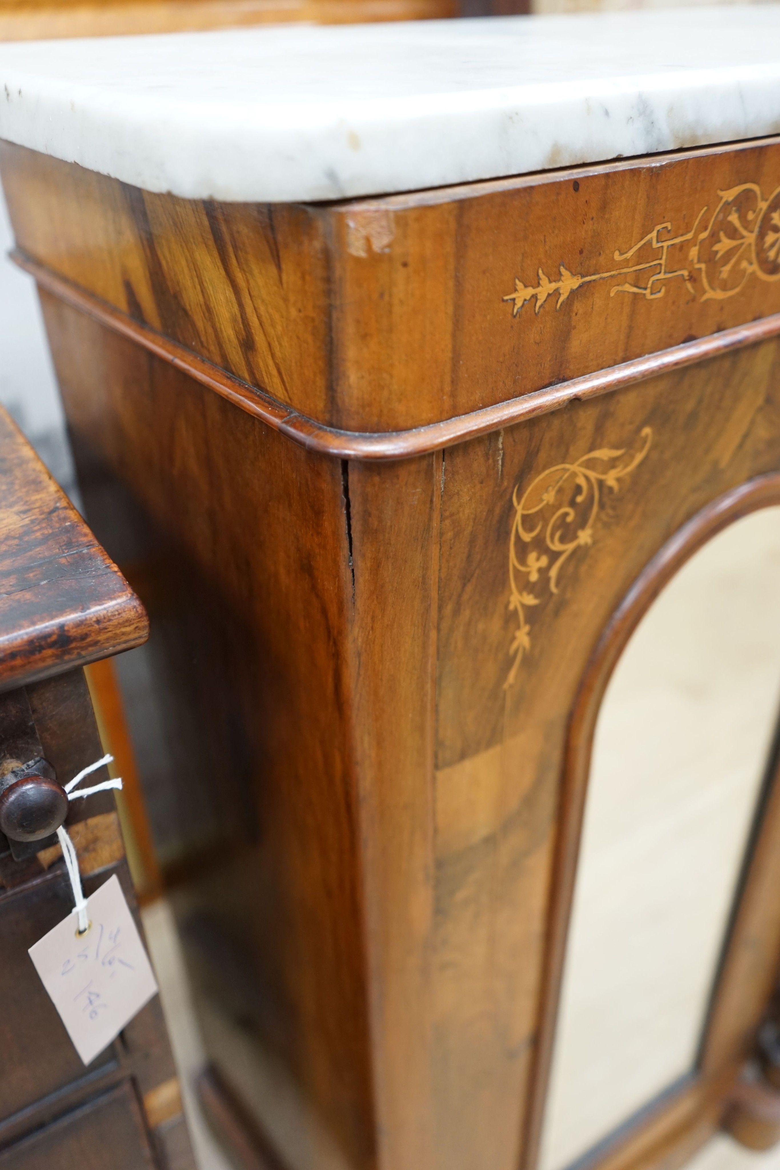A Victorian inlaid walnut marble top breakfront mirrored side cabinet, width 120cm, depth 34cm, height 84cm